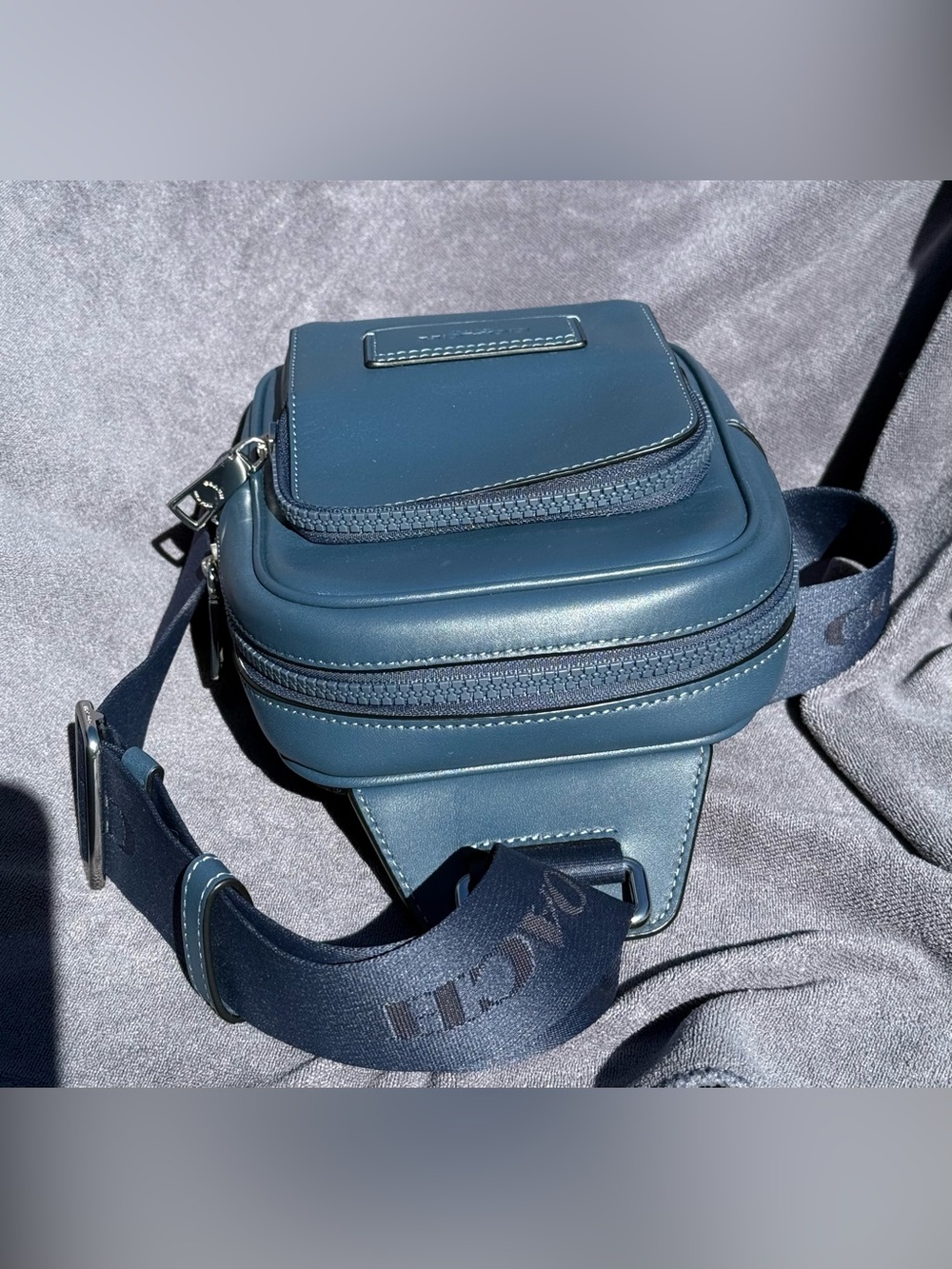 COACH Racer Sling Pack In Smooth Leather in Dark Denim Blue with Silver Hardware - Picture 4 of 14